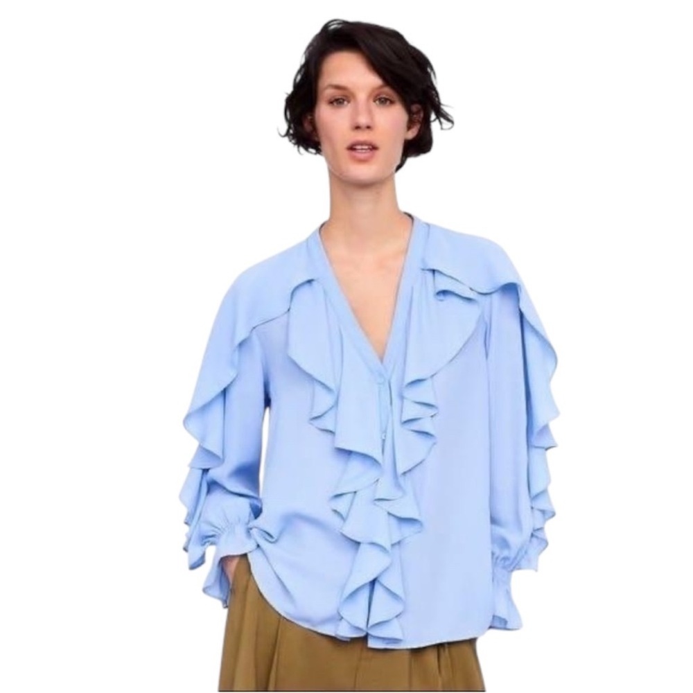 [Zara] Light Blue Ruffle Blouse/Top Long Sleeve Boho Career Work Retro XSmall